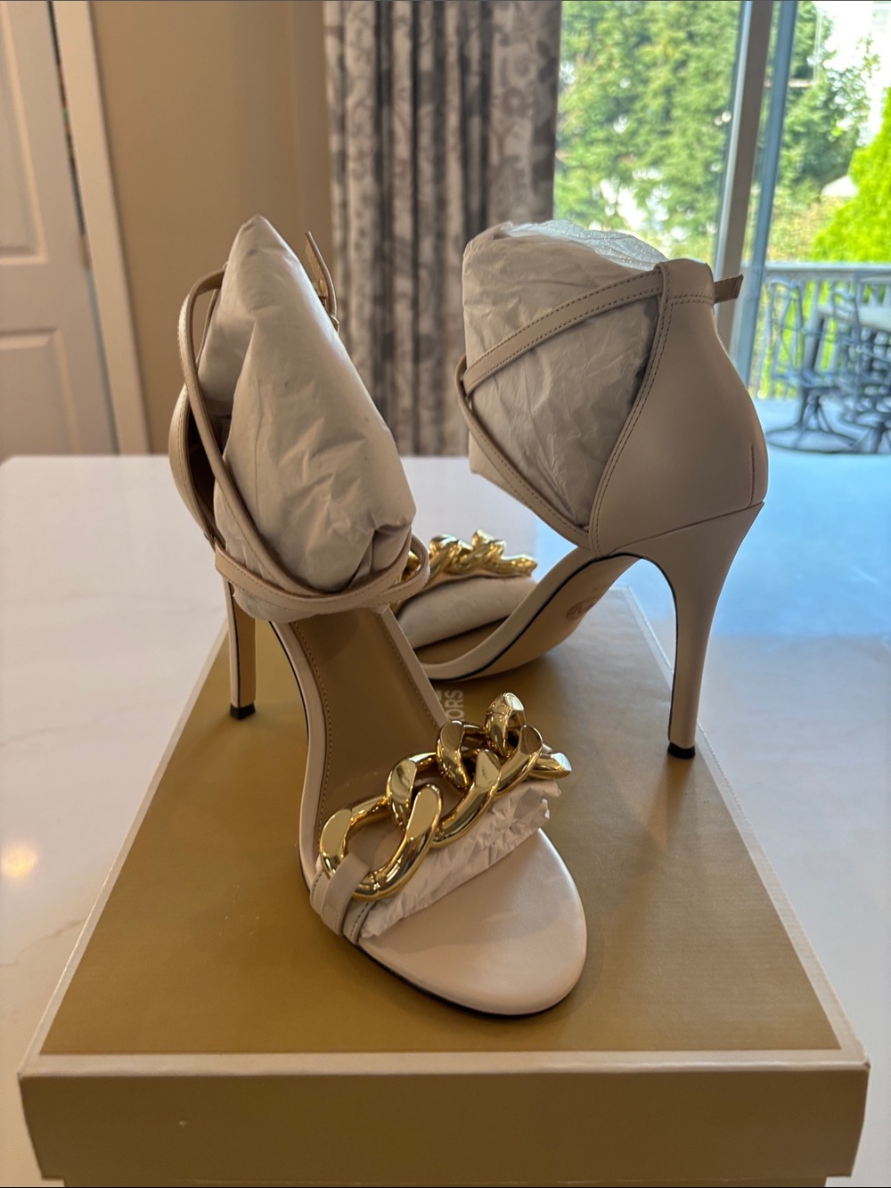 Michael Kors Cream Stiletto Sandal with Gold Chain Accent - Picture 5 of 9